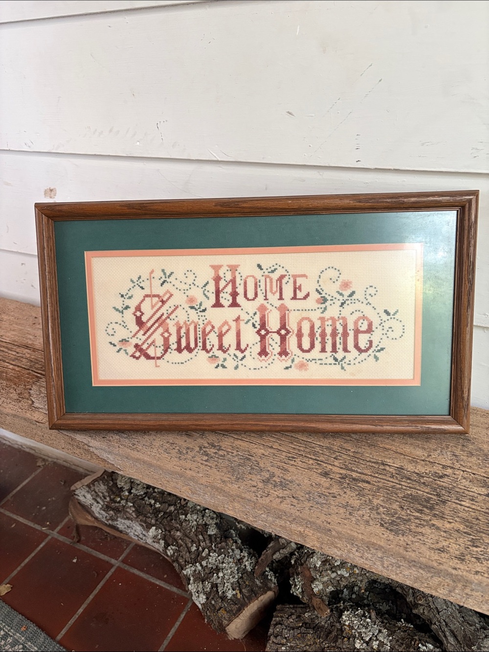 Vintage Green-Matted "Home Sweet Home" Framed Cross Stitch